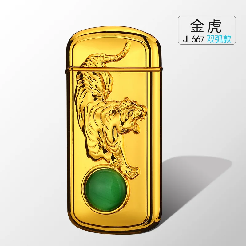 Tiger Gold Встряхните для воспламенения двойной дуги прикуриватель USB перезарядка Электронная зажигалка 3D резьба Тигр лошадь орел узор электрическая зажигалка - Цвет: Tiger Gold