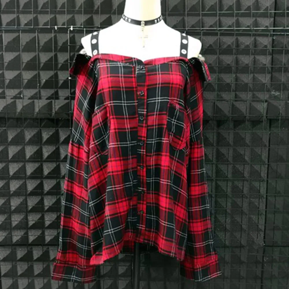  Rosetic Women Plaid Shirts Retro Womens Strap Gothic Tops And Blouses Red Striped Blusa Feminina Bl