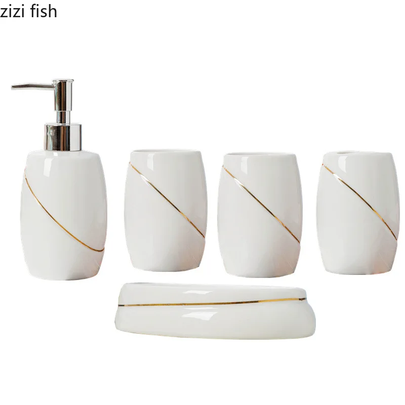

Nordic Ceramic Bathroom Five-piece Lotion Bottle / Mug X2 / Toothpaste Dispenser / Soap Dish Bathroom Decoration Accessories