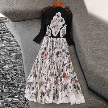 

Designer Women Summer 2020 Sexy Perspective Floral Print Mesh Dress Holiday Black Dresses Female Vestidos Robe