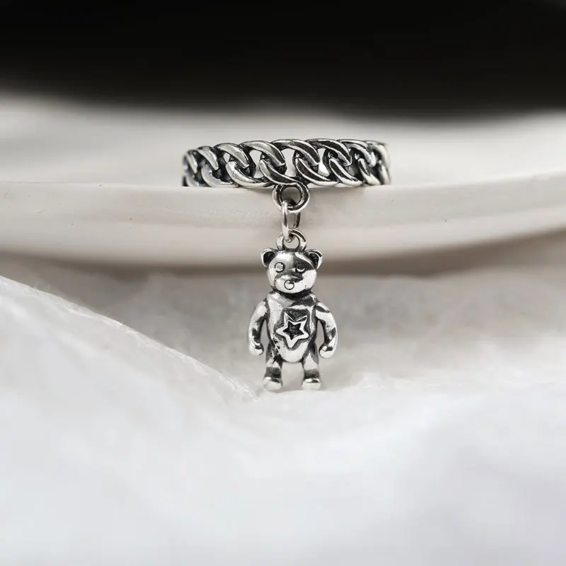 Милое кольцо с подвеской в виде медведя, 925 пробы, серебряная грубая цепочка, кольцо с подвеской в виде животного, античное серебряное кольцо с пентаграммой, элегантное женское кольцо