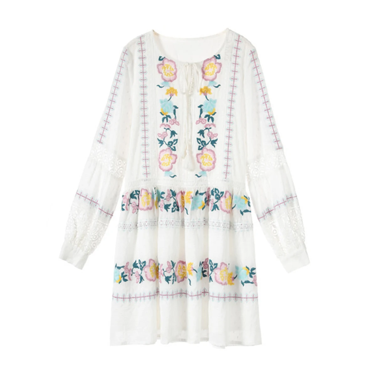 WHITE KIYUMI Boho платье для женщин вышивка цветами платья Осень кисточкой кружева лоскутное с длинными рукавами Повседневное пляжное хлопковое мини платье - Цвет: WHITE