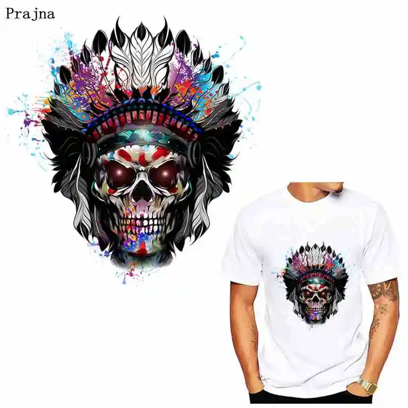 

Prajna Skull Flower Heat Transfers Iron On Patches For Clothing Punk Iron On Transfers Hot Vinyl Stickers On T-shirt Clothes DIY