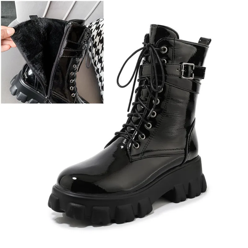 PXELENA; большие размеры 34-45; ботинки на массивной платформе; женские ботинки на толстой резиновой подошве в стиле панк, готика; военные байкерские ботинки - Цвет: Patent Lether Winter