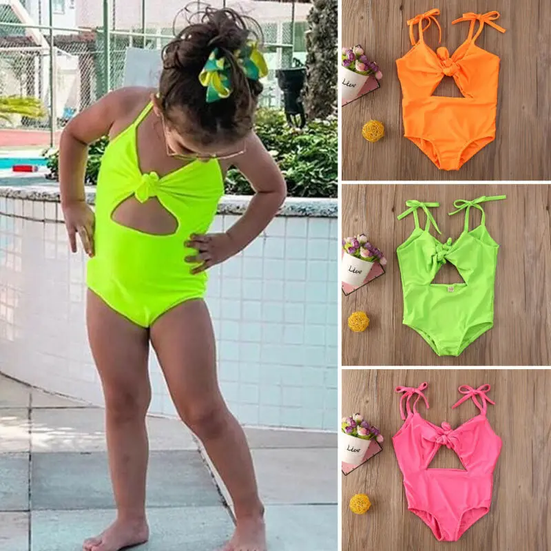 

1-5 Years Kids Baby Girls Swimsuit Toddler Bikini Bow Summer One Piece Bathing Suit For Girls Swimwear Solid Beach Suit