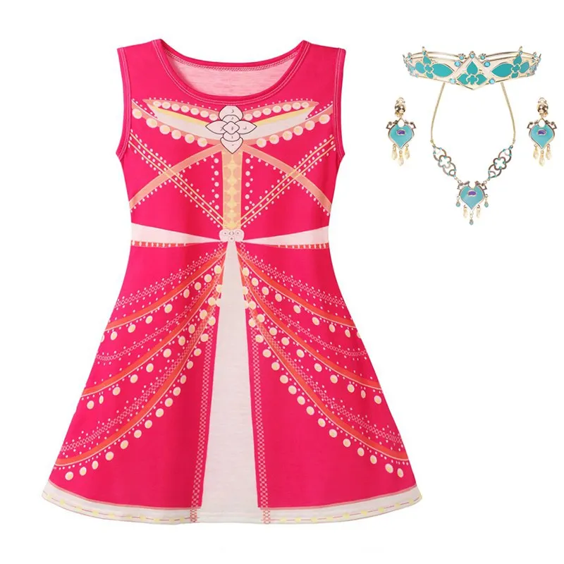 MUABABY фильм платье цвета Жасмин со шнуровкой для девочек Повседневное Пурпурный Зеленый Синий Лампа Аладдина Арабская принцесса Повседневное одежда, костюм на Хеллоуин - Цвет: Red Dress Set