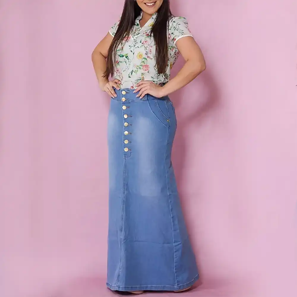 saia jeans justa cintura alta