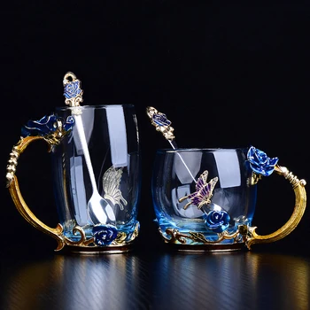 

Red Blue Rose Enamel Crystal Tea Cup Coffee Mug Butterfly Rose Painted Flower Water Cups Clear Glass with Spoon Set Perfect Gift