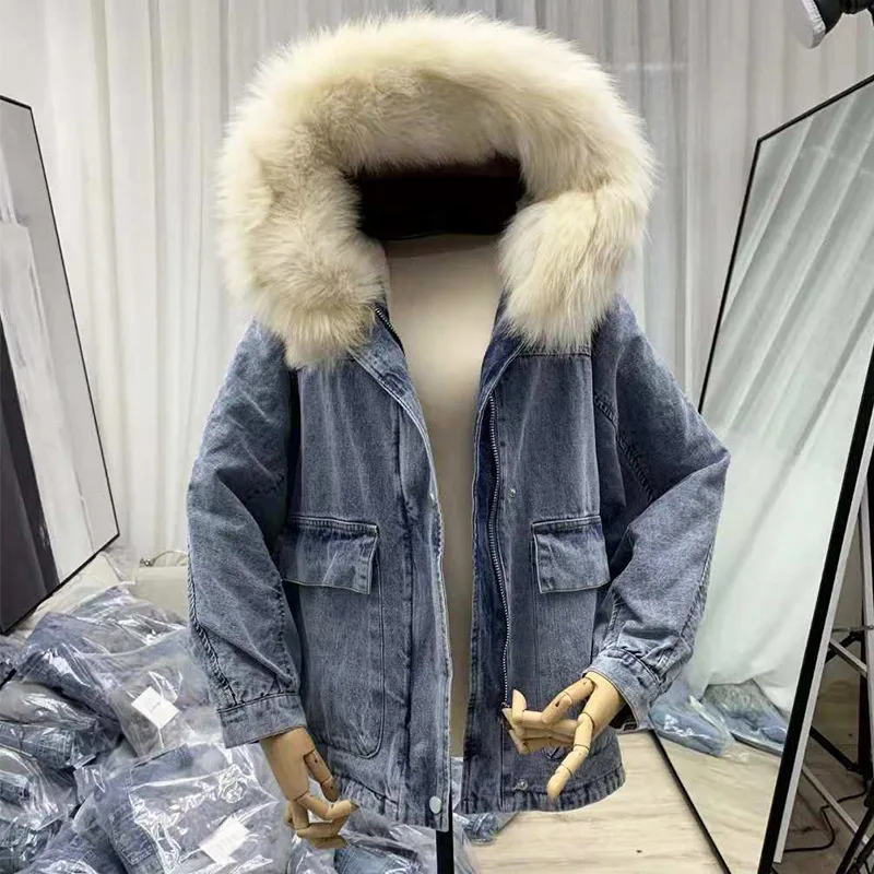 

2019 Winter New Style Korean-style Large Fur Collar Haze Blue Mid-length Thick Jeans Coat Cowboy Cotton-padded Clothes Women's