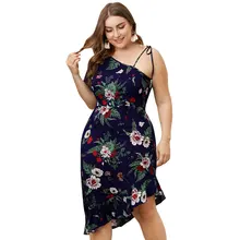 Наклонное плечо короткий рукав Талия обнимает воланами неровный подол оболочка Большой размер женское платье с принтом