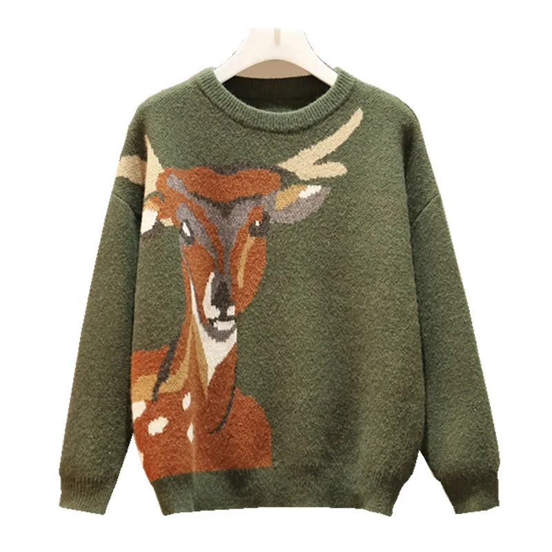 

Large Size Ladies' New Winter Deer Jacquard Knit Sweater Harlan Tweed Pants Suit Women 2 Pcs Clothing Set Knitwear Top Knit