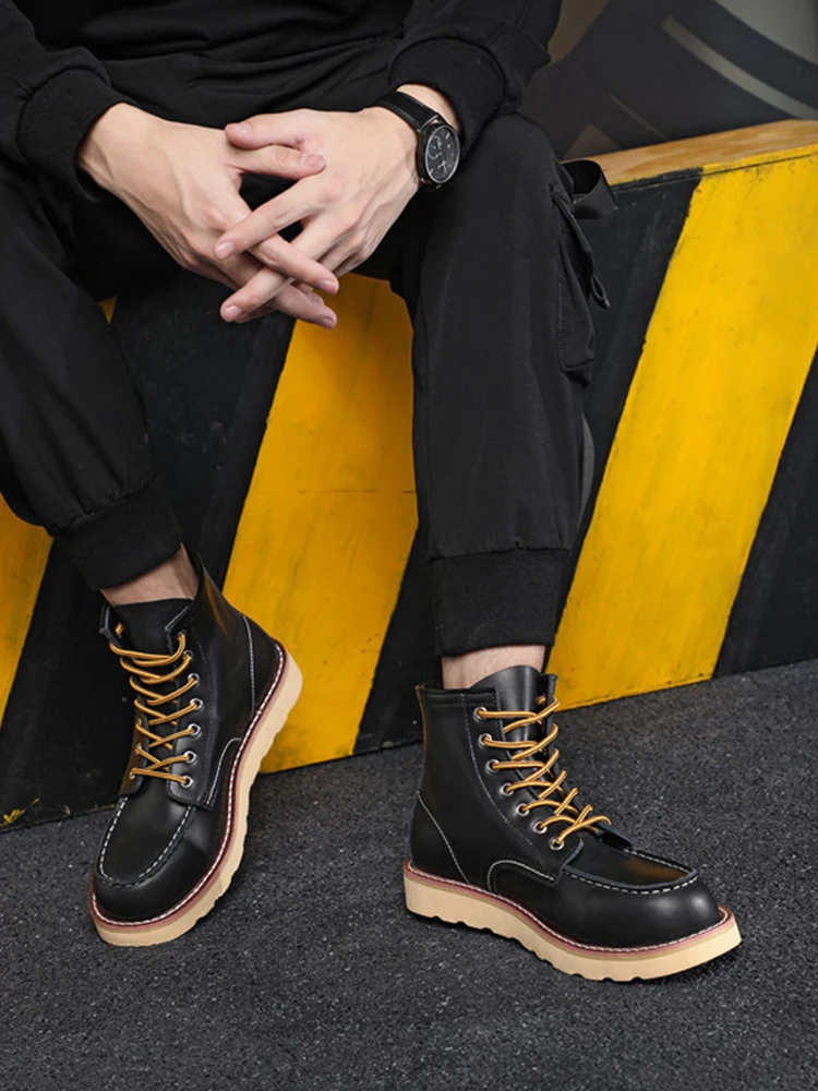 ZFTL Men Ankle Cow Leather Vintage Motorcycle Chelsea Boots Tooling Boots Winter Cotton Casual Retro Lace up Brown Leather boots Mens leather boots Motorcycle leather boots