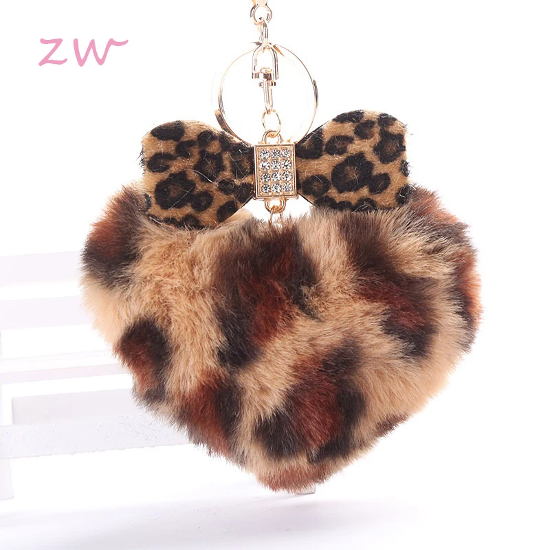 

Leopard Print Pompom Fluffy Fur Ball Keychain Women Handbag Pendants Car Key Ring Lovely Heart Shape Crystal Bowknot Key Chains