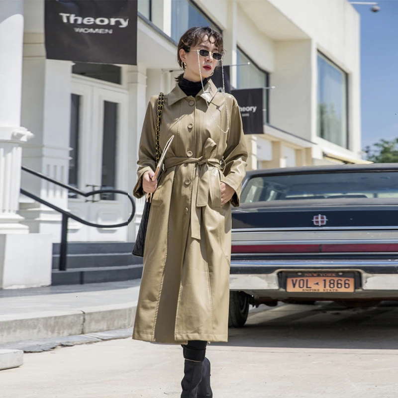 khaki Women's New Spring And Autumn Coat Leather Long Paragraph Lapel Sashes Loose Pu Leather Windbreaker F171 - Цвет: khaki