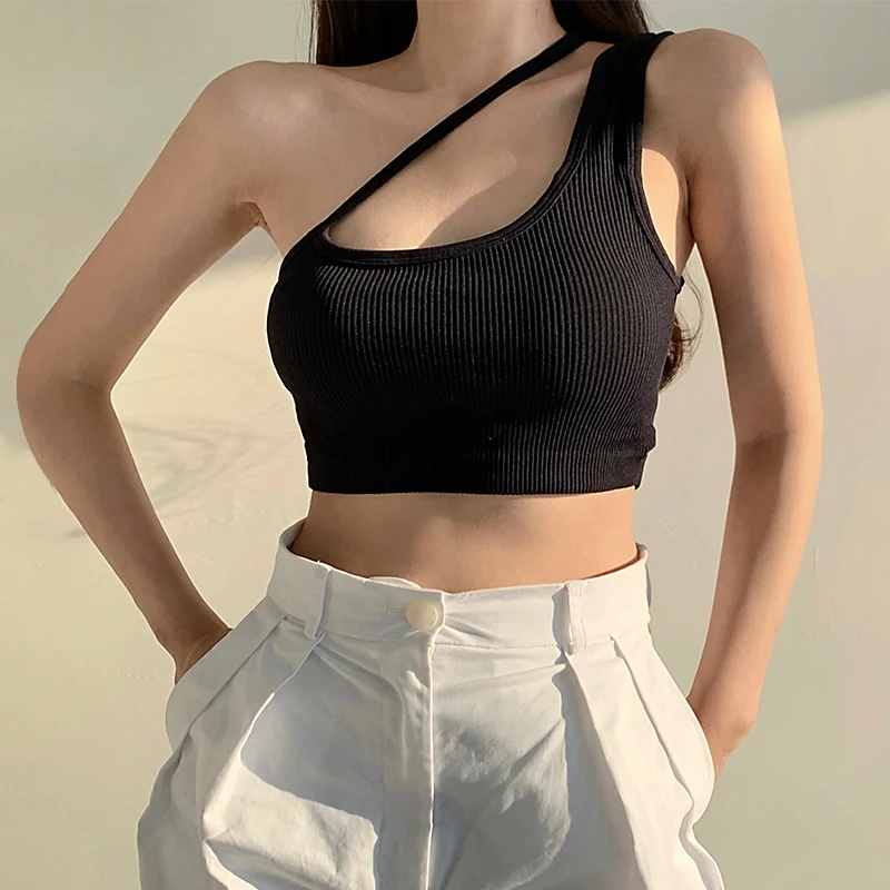 Top corto acanalado para mujer, Top Sexy de Color sólido, un hombro sin mangas, Espalda descubierta, camiseta ajustada sin mangas, chaleco deportivo de verano con almohadilla para el pecho