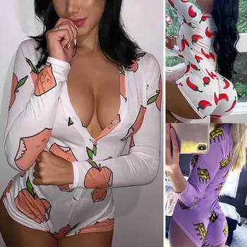 

Onesie Women Sleepwear Spring Summer Sexy V Neck Long Sleeve Print Bodysuit Female Sleep Teddies Button Ladies Lingerie Pijamas