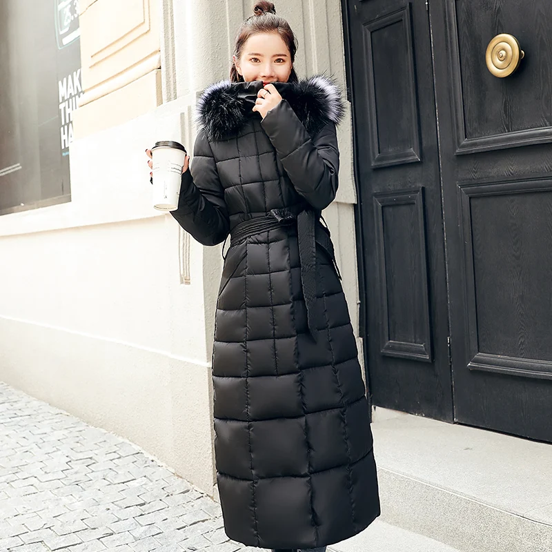 25 градусов зимняя модная женская теплая куртка X-long parkas тонкий с поясом толстый меховой воротник с капюшоном Женская парка куртка из синтепона - Цвет: black