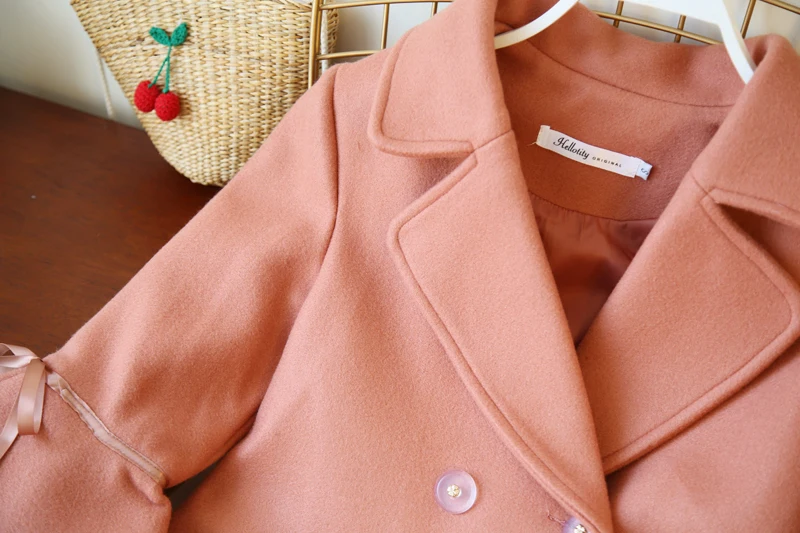 1000 Woolen Overcoat Women's Mid-length Korean-style New Style Bell Sleeve Sweet Bow Pink Woolen Jacket