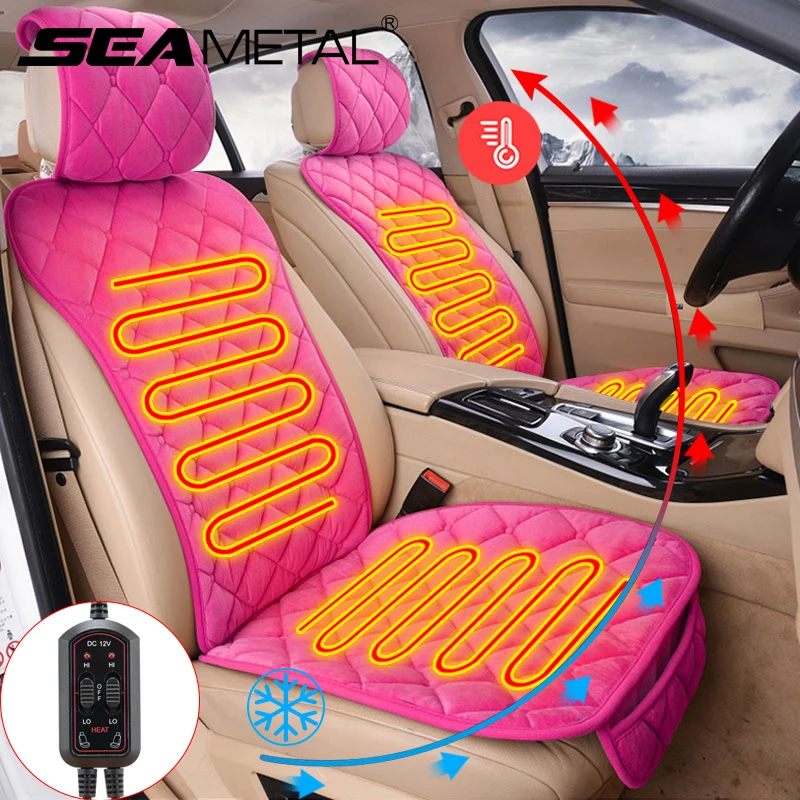 Heated Car Seat Cover Pink Black Plush Universal Auto Warmer