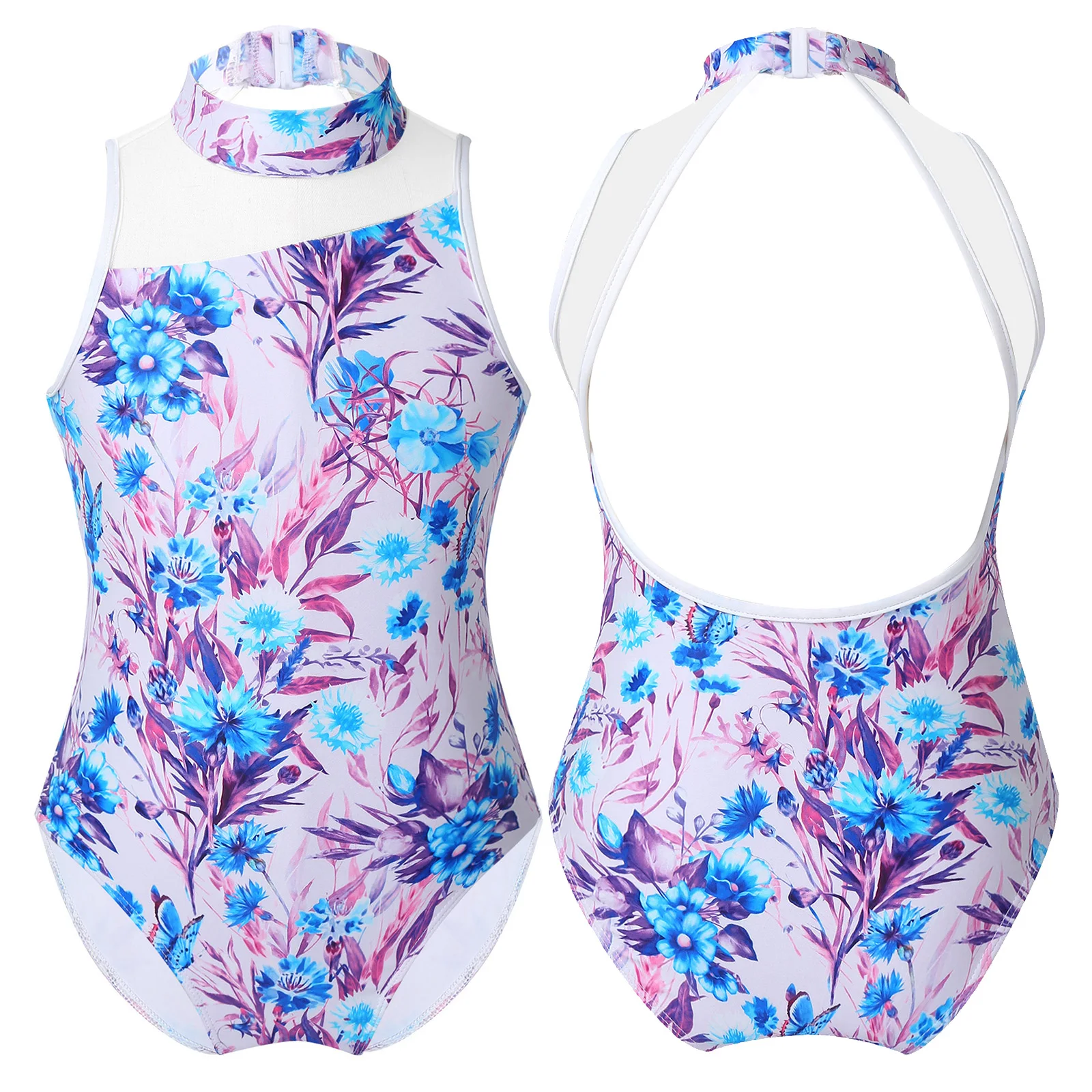 

Детская одежда для девочек, Одежда для танцев, платье без рукавов с открытой спиной Цветочный принт, облегающий костюм из леотарда для занятий балетом, катание на коньках для выступлений на сцене