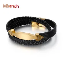 MKENDN двухслойный плетеный браслет из натуральной кожи, титановый браслет из нержавеющей стали с магнитной пряжкой, мужские браслеты