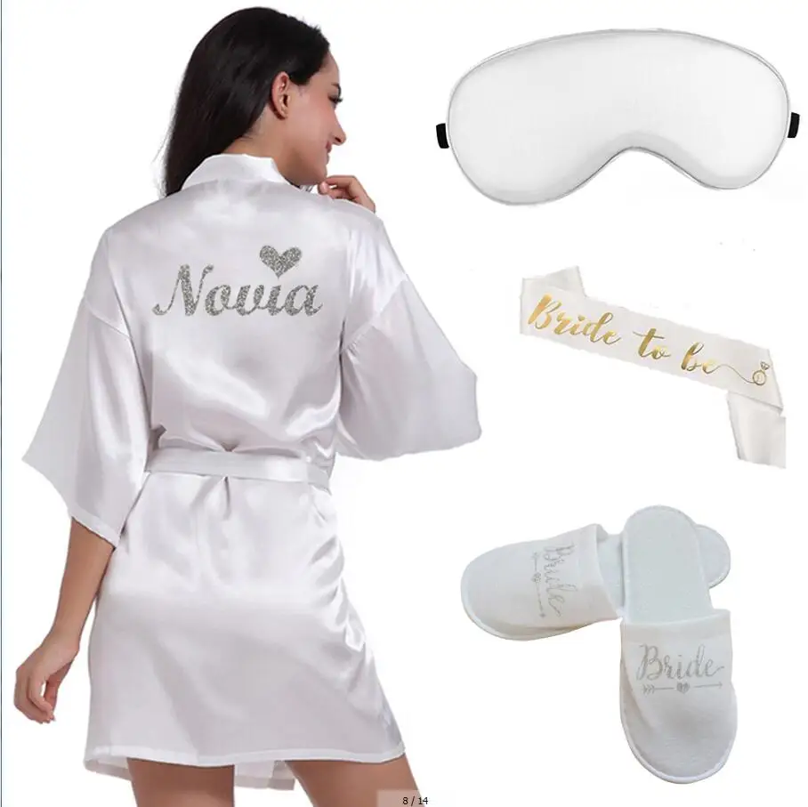 4pc set of glitter gold bride satin short bride robe slippers bridal sash peignoir women Bridal Party 2019 kimono robe