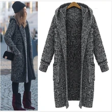 Большой размер d серый длинный толстый кардиган зимний теплый джемпер свитер с капюшоном для женщин плюс размер верхняя одежда длинный рукав с карманами