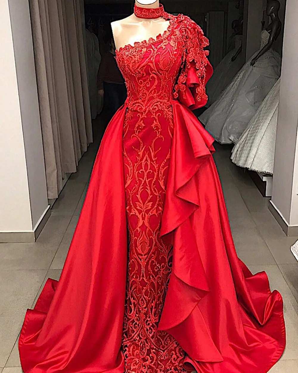 Robe De Soiree, красные вечерние платья,, со съемной юбкой, на одно плечо, с высоким воротом, кружевные свадебные платья, женские вечерние платья