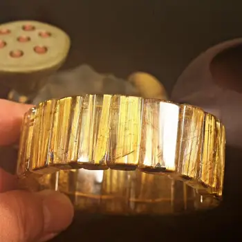 

27x7mm Natural Brazil Gold Rutilated Titanium Quartz Big Bangle Bracelet Crystal Woman Man Wealthy Rectangle Beads AAAAAA