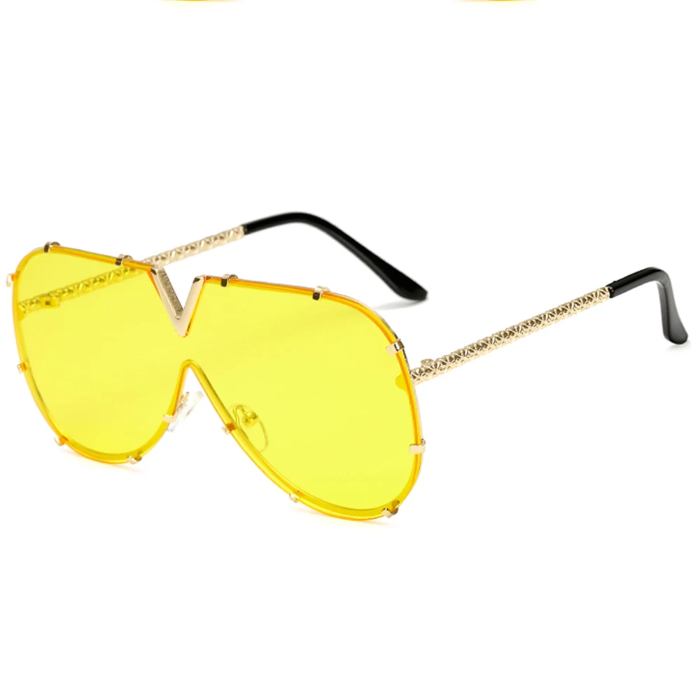 Yellow Lens Gozluguнегабаритных V солнцезащитные очки для женщин и мужчин люксовый бренд металлическая оправа зеркальные солнцезащитные очки крутые UV400 очки для вождения - Lenses Color: Yellow Lens