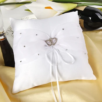 

20*20CM White Color Satin Wedding Ring Pillow With Love Heart Rhinestones