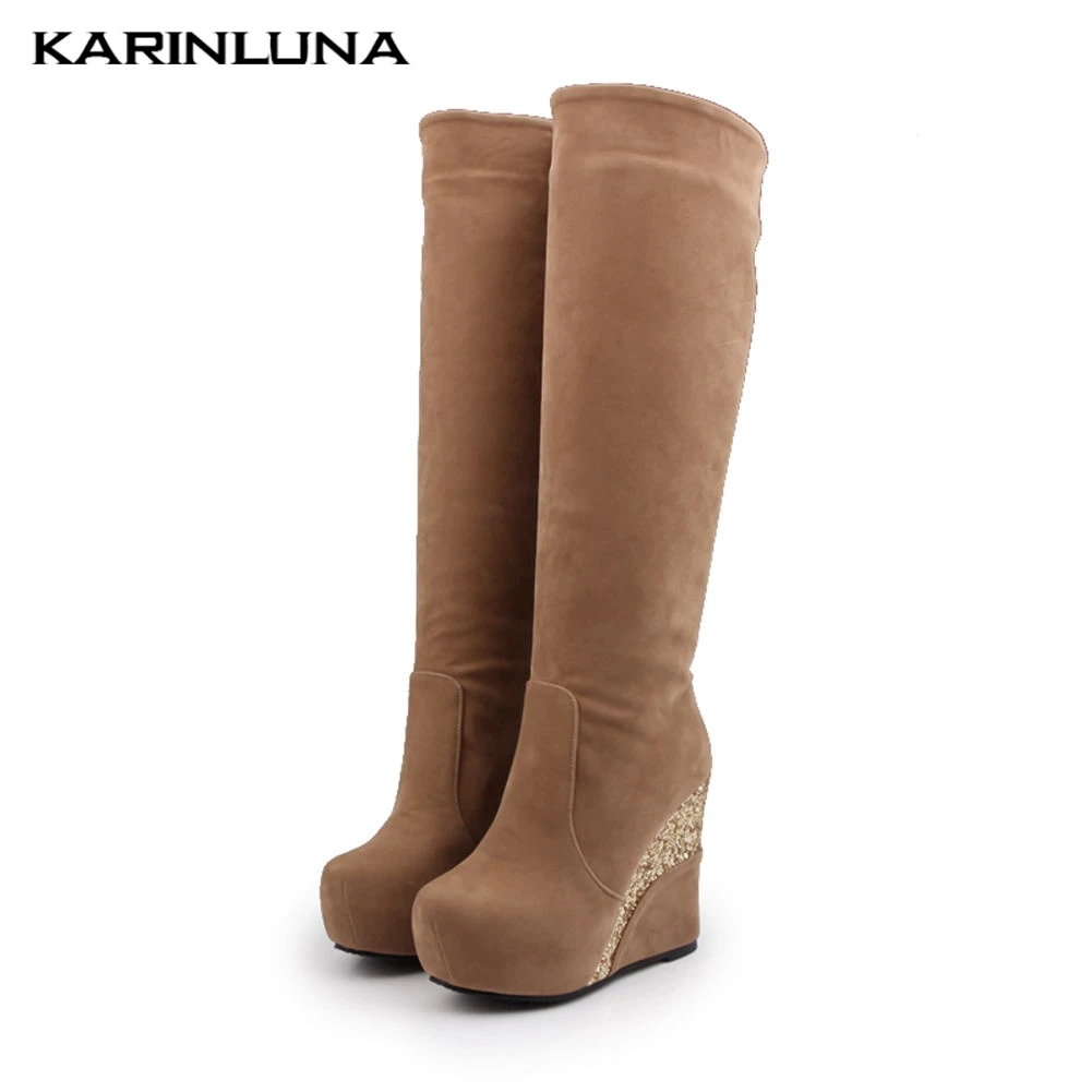 Karinluna/ г. Классическая обувь на танкетке, большие размеры 41 сапоги до колена на высоком каблуке Женская обувь женская зимняя обувь женские ботинки