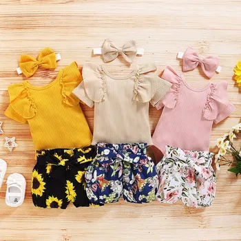 

baby girl clothes set 3PCS Short Sleeve Romper+Floral Shorts+Headband Set ropa niña bebes детские вещи carters baby girl Z4 2020