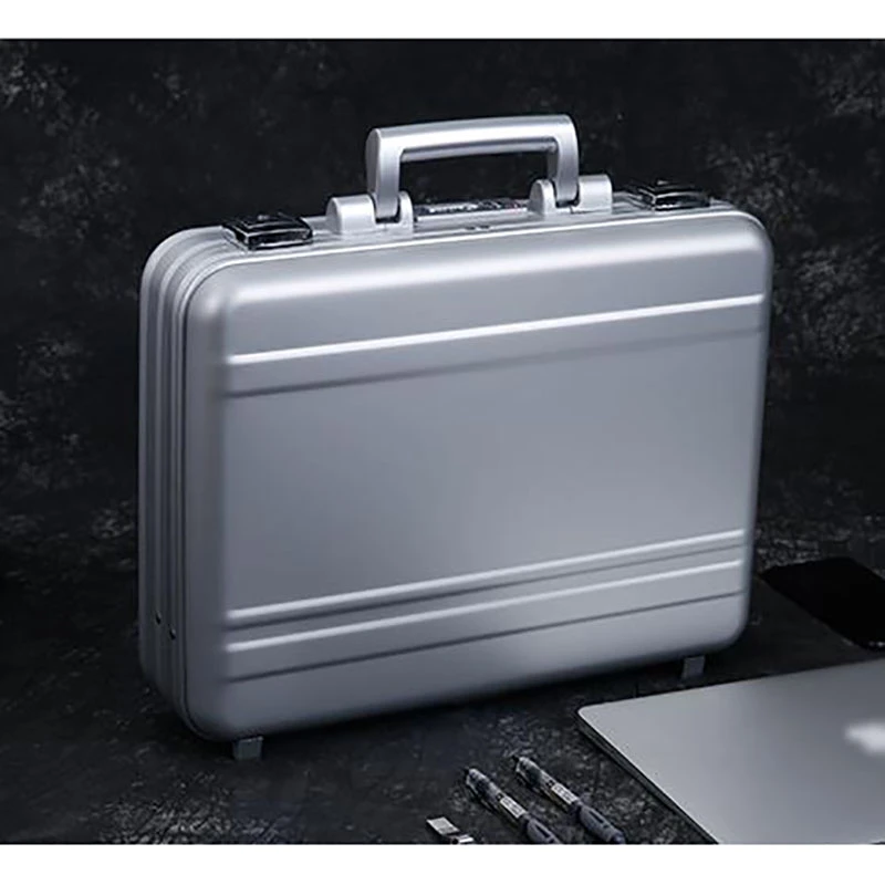 15.6 Inch Laptop Briefcase Men Silver Metal Aluminum Case A4 Document