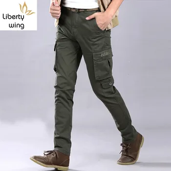 

Mens Packet Trousers Cotton Slim Fit Pants Man Skinny Military Casual Cargo Overalls For Male Size 28-38 Army Green