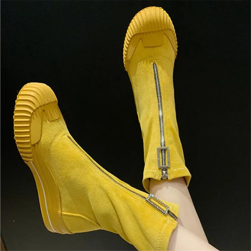 Ceny Nowy 2019 kobiet jesień zima wzmocniony przód zamek błyskawiczny z przodu rhinestone elastyczne skarpetki tkaniny krótkie buty motocyklowe buty Botas Mujer