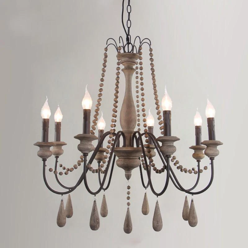 Żyrandol w stylu Vintage drewno wisiorek z koralików salon sypialnia kuchnia Retro żyrandole domowe kryty lampa oświetleniowa oprawy oświetleniowe
