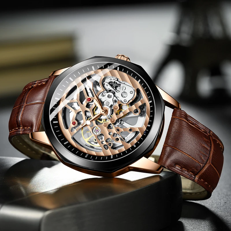 AILANG Luxury Brand Skeleton Automatic Mechanical Watch Mens Fashion Sports Men Watches Leather Strap Relogio Masculino