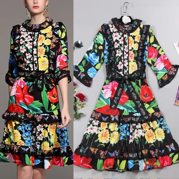 

Autumn Fashion Bowknot Strap Belted Butterfly Prints Ruffled Chiffon Dress Peter Pan Collar Dress
