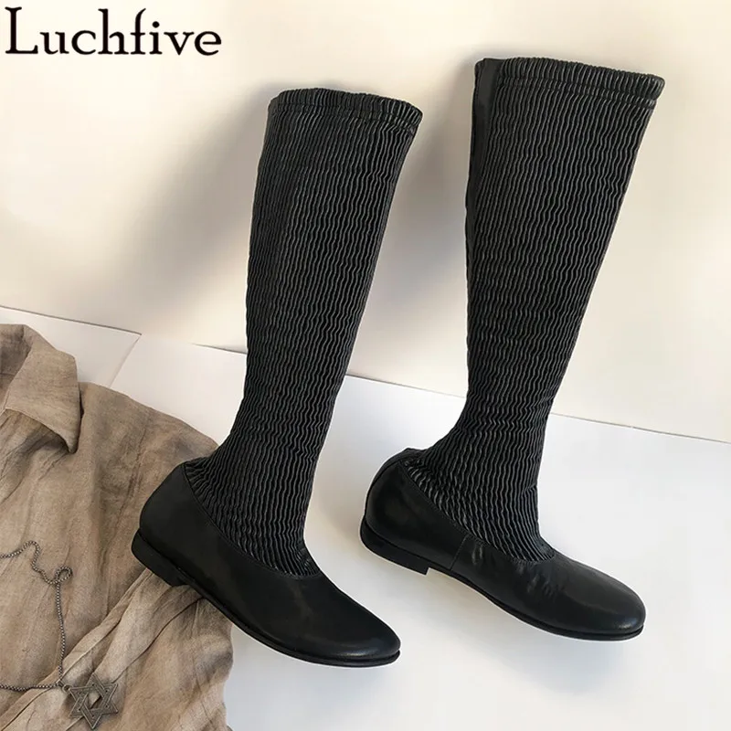 Luchfive; эластичные ботинки; женские ботинки черного цвета с круглым носком; Femme; Подиумные женские ботинки с высоким голенищем; женская обувь на низком каблуке