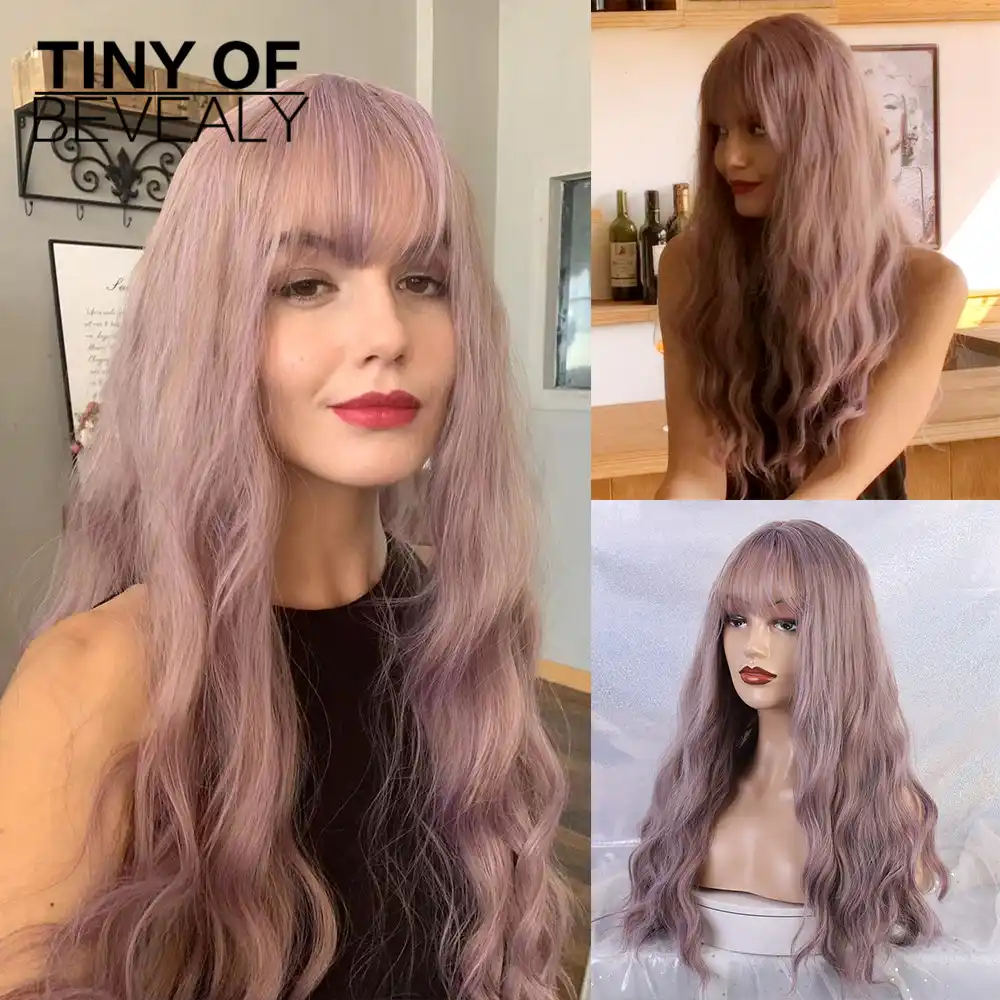 Synthetic Long Body Wavy Natural Hair Wigs With Bangs For Black