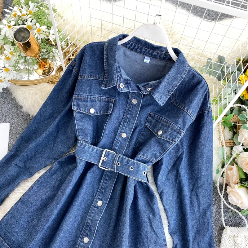 Винтажная джинсовая куртка женская джинсовая рубашка Новинка осеннее Свободное длинное джинсовое пальто светло-голубая джинсовая куртка Nancylim пояс