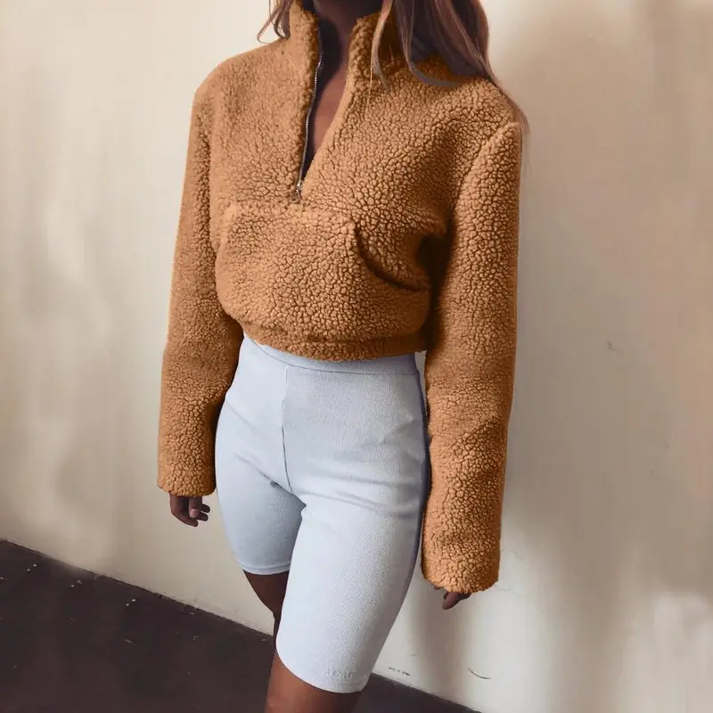 

2019 Winter Warm Hoodie Short Women's Fashion New Pullover Turtleneck Front Zipper Thick Warm Sweatshirt Casual Women's Wear