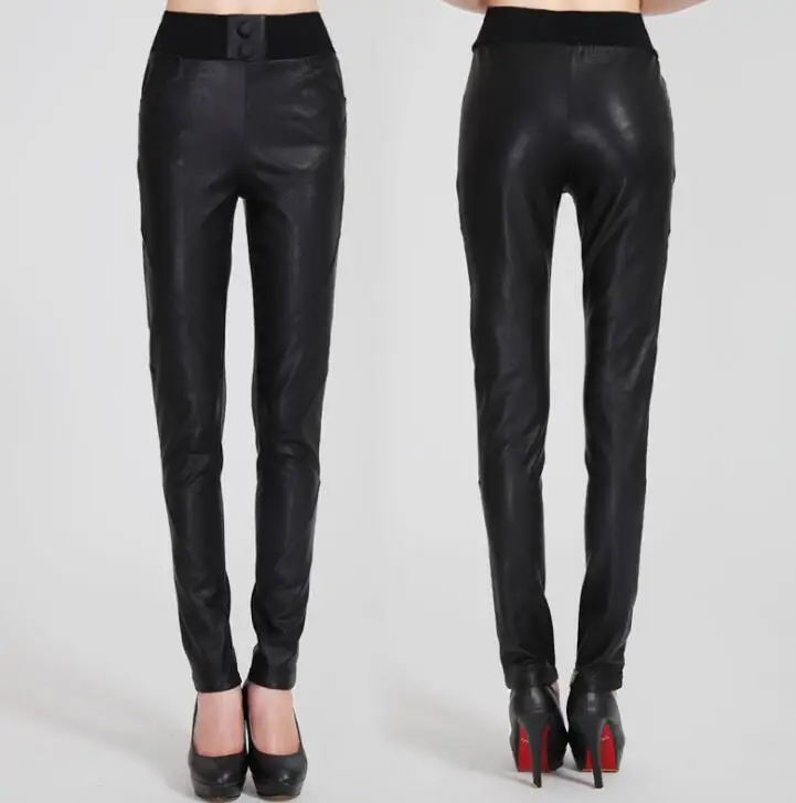 

Splice fashion faux leather pants womens feet pants Elastic waist motorcycle Elastic waist pu trousers for women personality