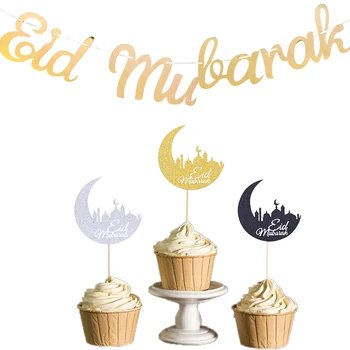 

New Eid Mubarak Golden Silver Banner Garlands Cake Topper Eid Mubarak Decorations Ramadan Carnival Party Decorative Supplies