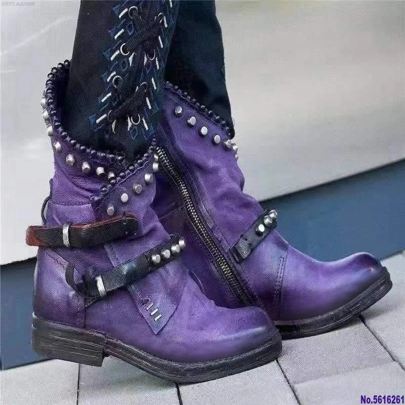 Vogue Retro Rivet Motorcycle Boots Women Leather Ankle Boots Nice Gothic Autumn Buckle Low Heel Short Boot Cowboy Shoes