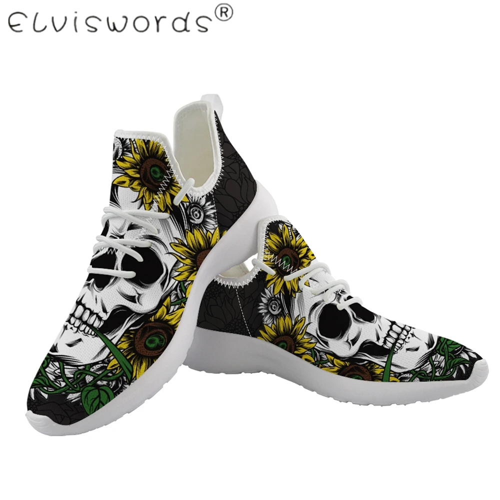 ELVISWORDS/Новинка Сетчатая обувь с принтом в виде подсолнуха и черепа Обувь для