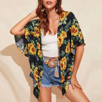 

2020 Summer Women shirts Chiffon Floral printed Kimono Beach Cardigan Sheer Cover Up Flower Long Shirts Female shirts Tops#y4