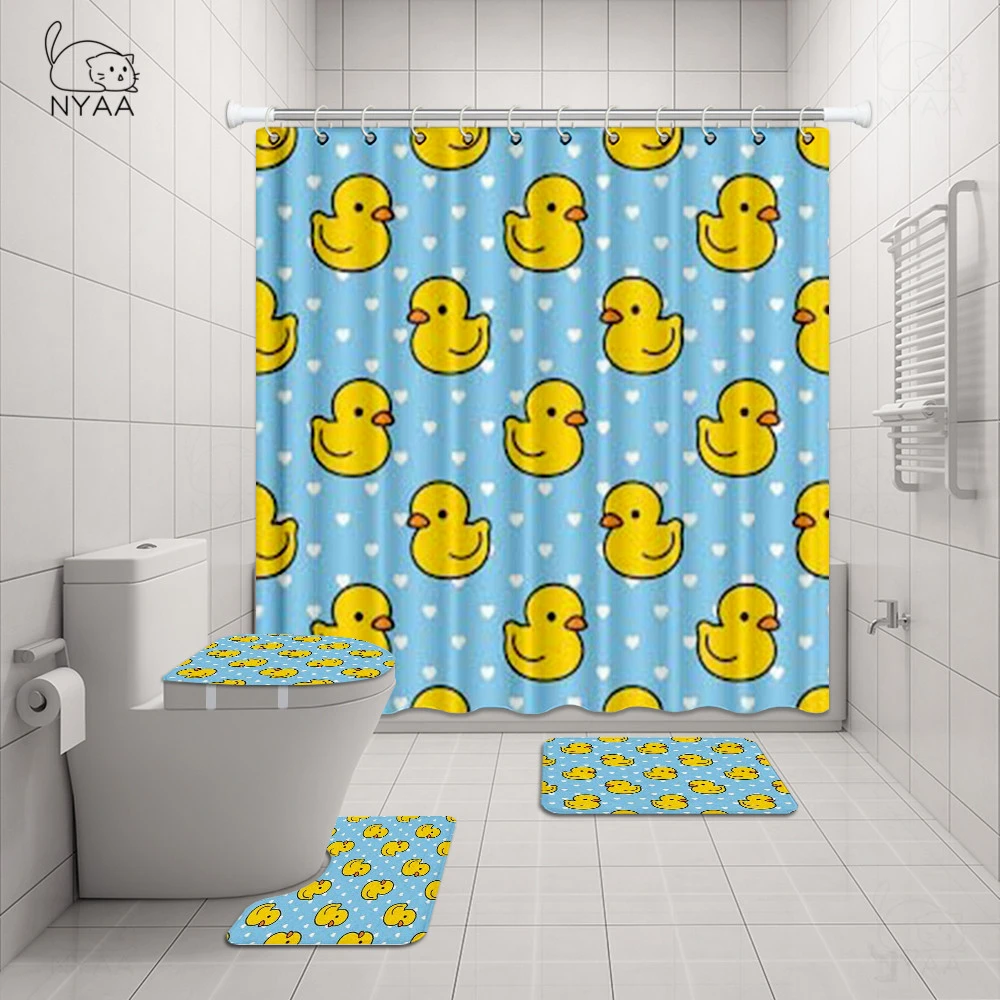 Nyaa 4 Pcs Cartoon Cute Duck Shower Curtain Pedestal Rug Lid Toilet Cover Mat Bath Mat Set For Bathroom Decor Bathroom Accessories Sets Aliexpress