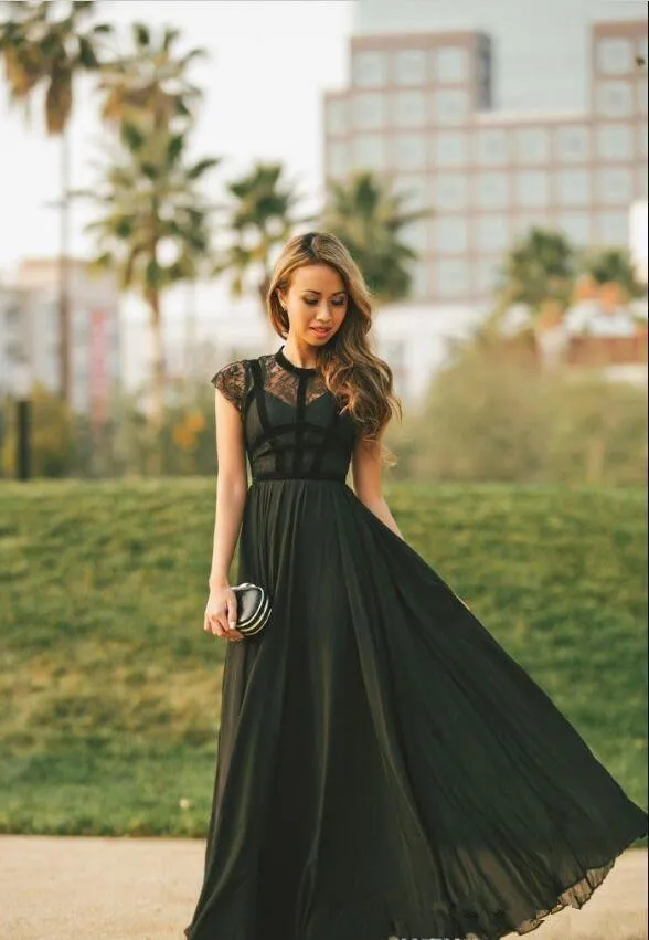 

evening dress 2019 Summer Lace Capped Sleeves Evening Dresses Long A Line Chiffon Maid of Honor Prom Formal Gown